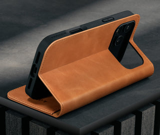 Stand function of the Tan Leather Case for iPhone 17 Pro Max