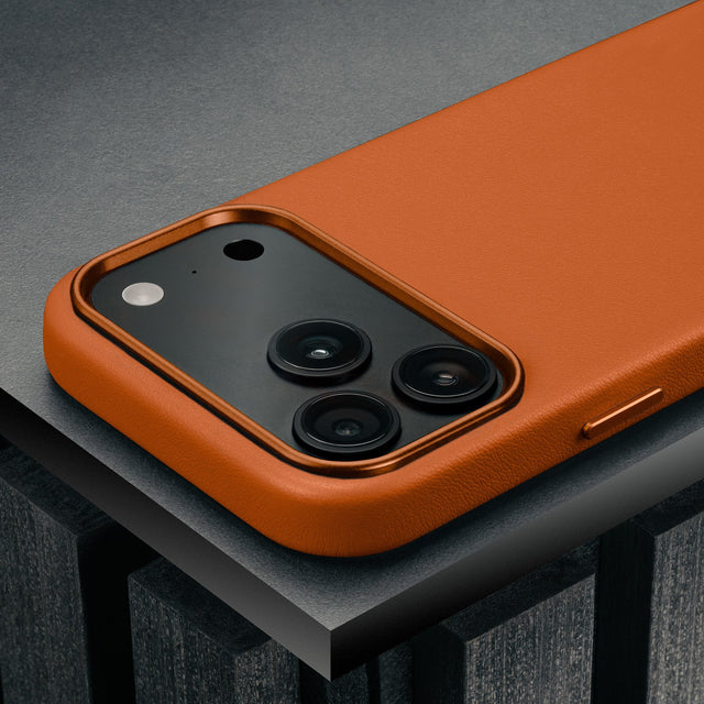 Camera cutout on the Slimline Orange Leather Bumper Case for iPhone 17 Pro