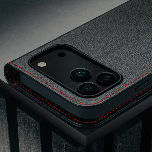 Camera cutout on the Black Leather Case (with Red Stitching) for iPhone 17 Pro