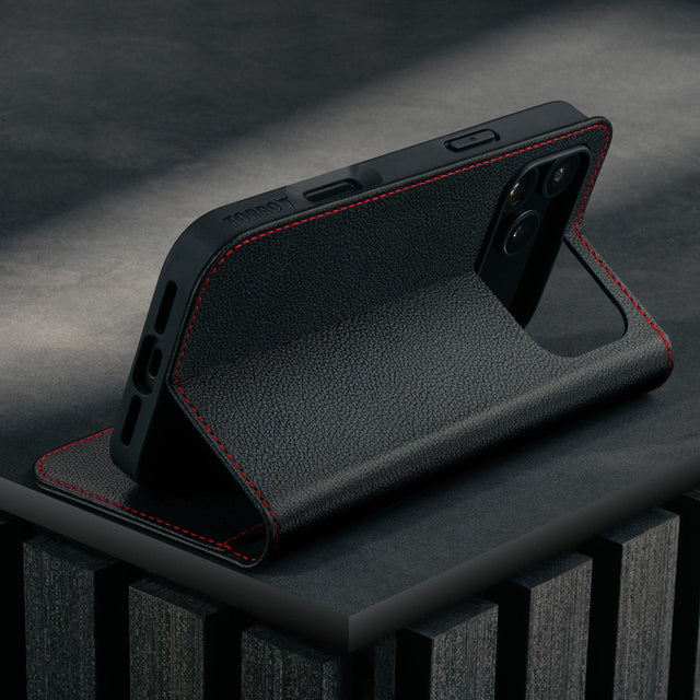 Stand function of the Black Leather Case (with Red Stitching) for iPhone 17 Pro