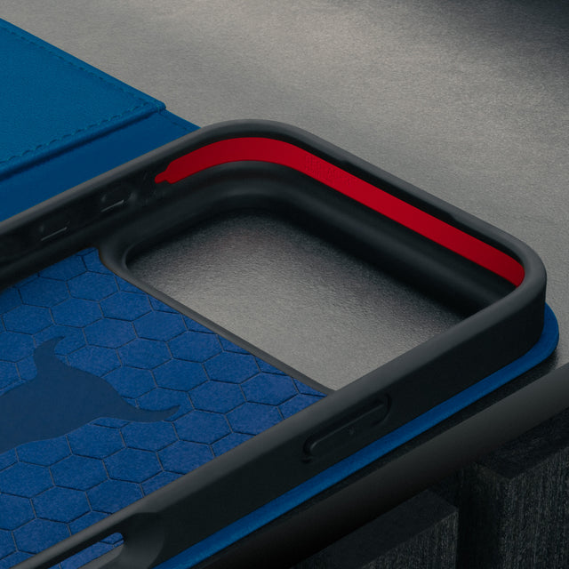 Microfibre lined frame in the Cobalt Blue Leather Case for iPhone 17 Pro