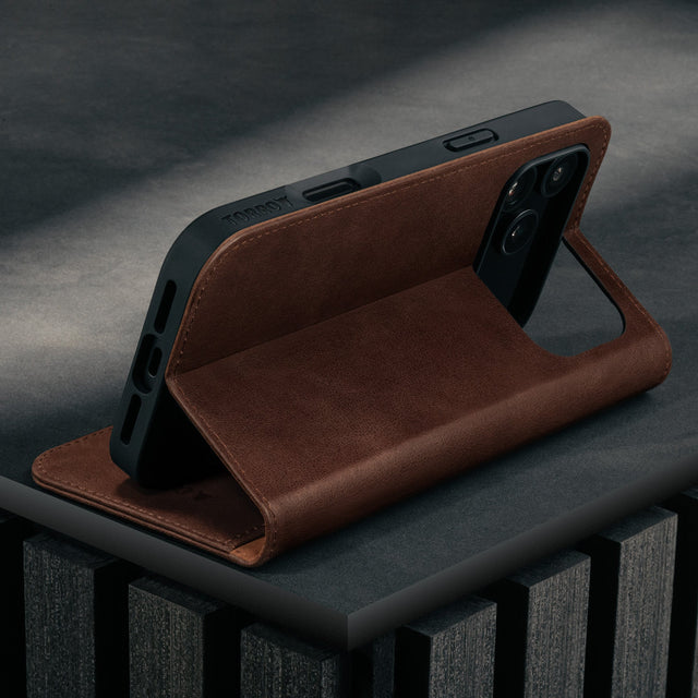 Stand function of the Dark Brown Leather Case for iPhone 17 Pro
