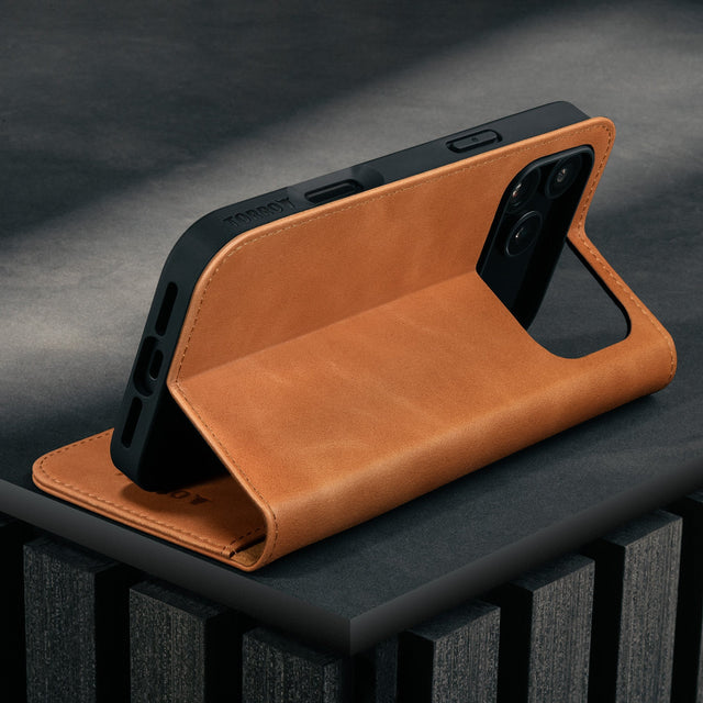Stand function of the Tan Leather Case for iPhone 17 Pro