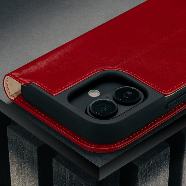 Camera cutout on the Red Leather Case for iPhone 17