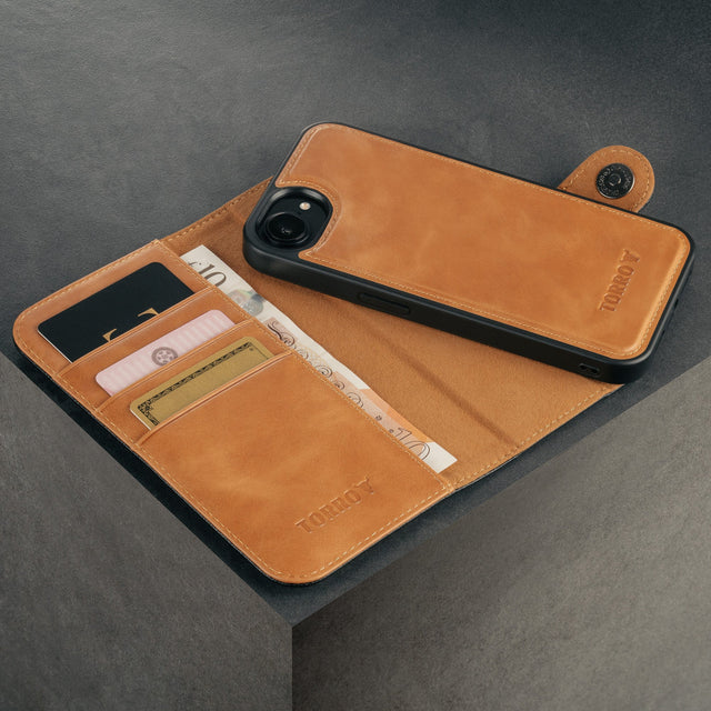 Card slots and detachable cover of the Black Leather Detachable Case for iPhone SE4