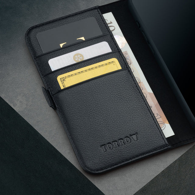 Card slots inside the Black Leather Wallet Case for iPhone SE4 (2025)