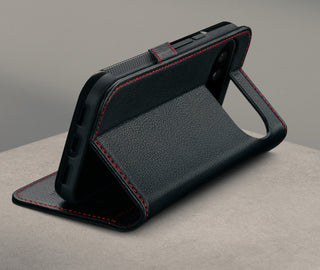 Stand function of the Black with Red Stitching Leather Case for the Google Pixel 11 Pro