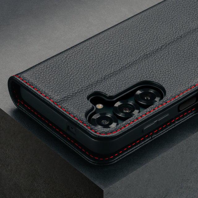 Camera cutout on the Black with Red Detail Leather Case for Galaxy A17