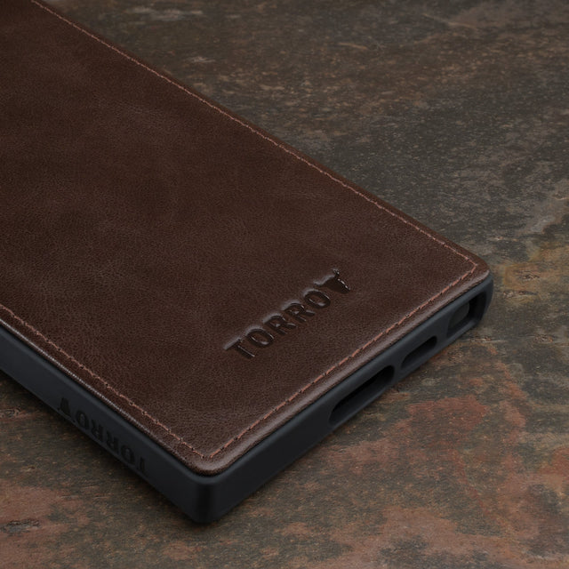 Back of the Dark Brown Leather Bumper Case for Galaxy S23 Ultra