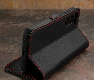 Integrated stand function of the Black with Red Detail Leather Case for Galaxy S23 FE