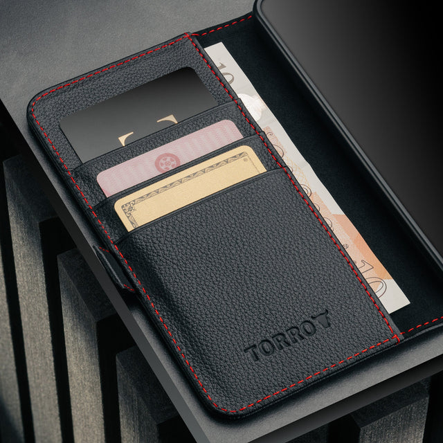 Card slots inside the Black with Red Detail Leather Stand Case for Galaxy S26