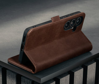 Stand feature of the Dark Brown Leather Stand Case for Galaxy S26