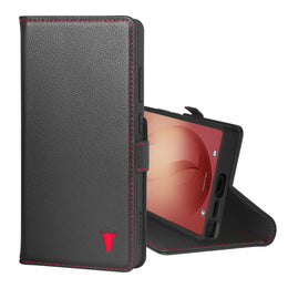 Black with Red Detail Leather Stand Case for Galaxy S26 Ultra