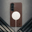 Wireless charger attached. tothe Dark Brown Leather Bumper Case for Galaxy S26+