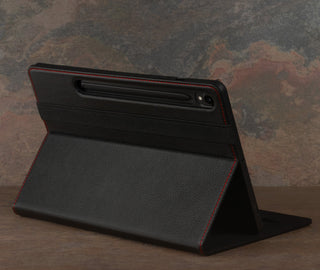 Integrated stand function of the Black with Red Detail Leather Case for Samsung Galaxy Tab S9