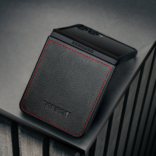 Black with Red Detail Leather Case for Galaxy  Flip7