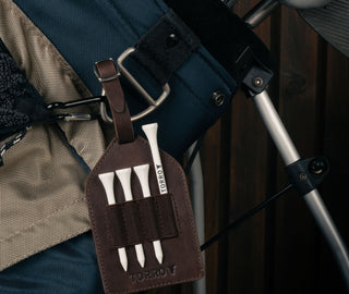 Dark Brown Leather Golf Tee Holder attached to golf bag