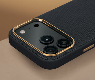 Camwra lip on the Black with Metallic Gold Detail Woven Fabric Bumper Case for iPhone 17 Pro Max
