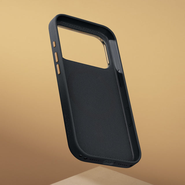 Metallic buttons and inside of the Black with Metallic Gold Detail Woven Fabric Bumper Case for iPhone 17 Pro Max