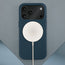 Wireless charger attached to the Blue Woven Texture Bumper Case for iPhone 17 Pro